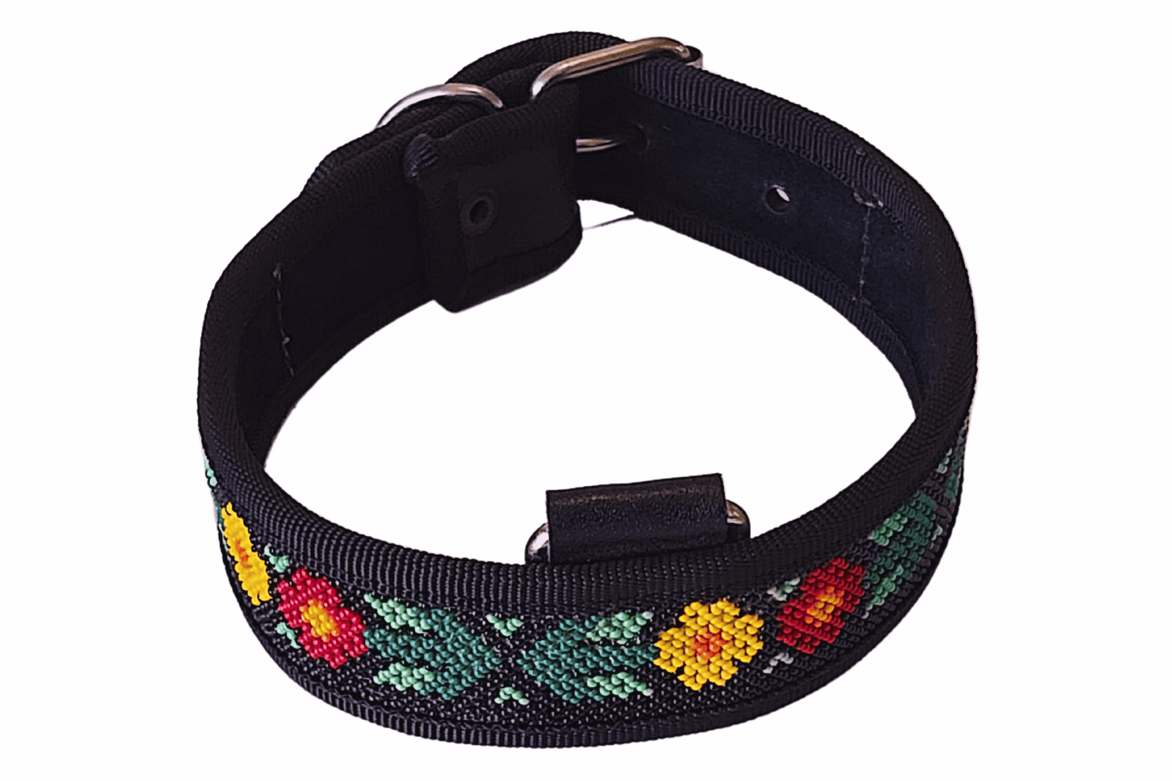 Banda de cuero con bordado tradicional de flores en colores vibrantes, perfecta para accesorios culturales y moda tradicional mexicana.