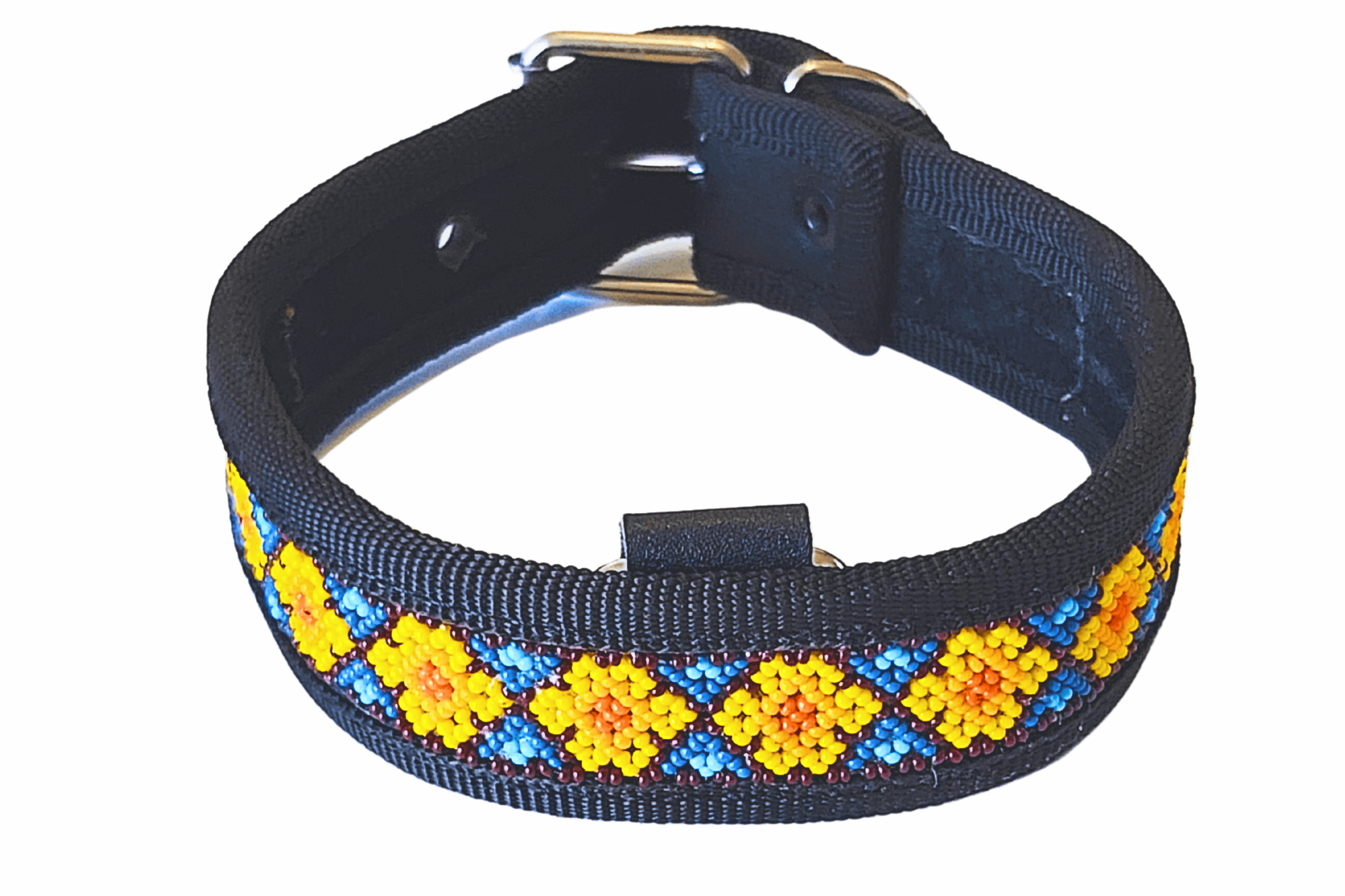 Banda para perro tejida a mano con diseño colorido y duradero, ideal para mascotas y estilos culturales, resistente y ajustable para comodidad y seguridad.