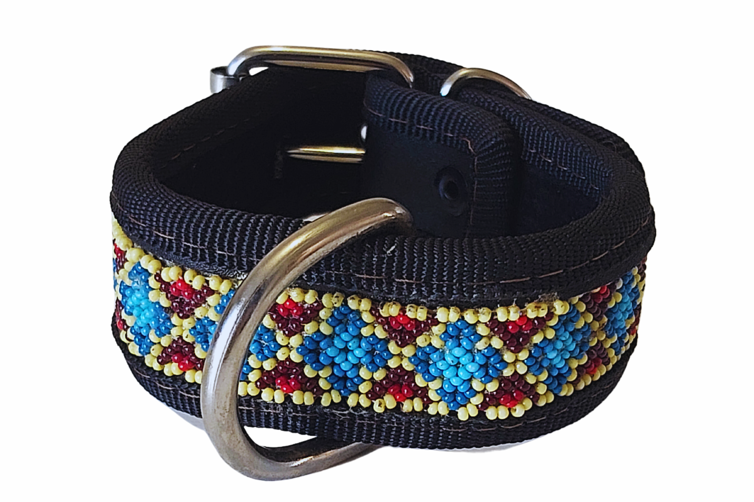 Bello collar de perro artesanal con bordado en color azul, rojo, dorado y negro, hecho a mano con materiales de alta calidad y estilo tradicional mexicano.